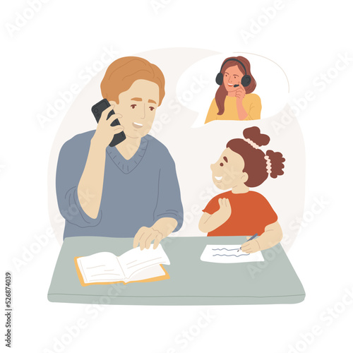 Educator advice isolated cartoon vector illustration. Support call center for parents, homeschool expert advice, teacher consulting parent on the phone, home educator help line vector cartoon.