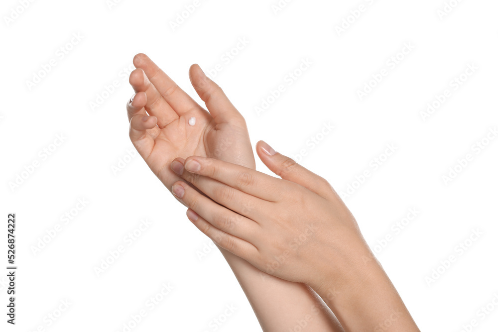 Woman applying cream on hand against white background, closeup Woman applying cream on hand against white background, closeup