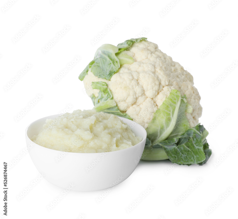 Bowl with tasty cauliflower puree on white background Bowl with tasty cauliflower puree on white background