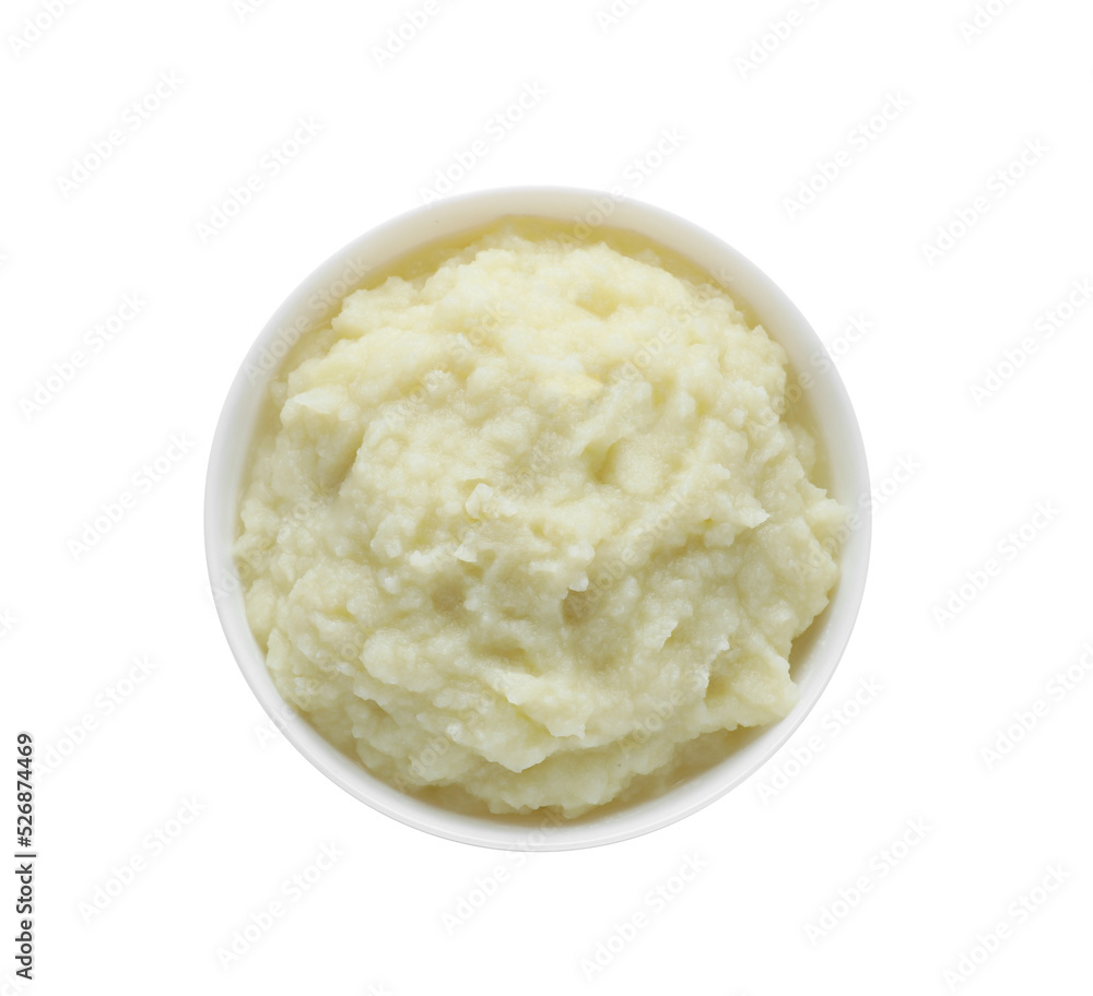 Bowl with tasty puree on white background, top view Bowl with tasty puree on white background, top view