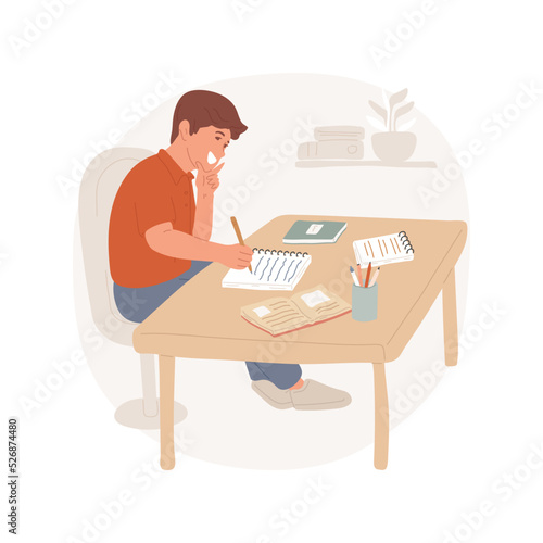 Paper textbook isolated cartoon vector illustration. Table with paper workbooks, student writing in a textbook, traditional study materials, homeschooling curriculum vector cartoon.