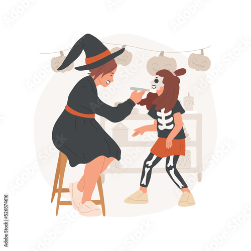 Face painting isolated cartoon vector illustration. Family in carnival costumes preparing for Halloween celebration and doing holidays makeup, mother painting daughters face vector cartoon.