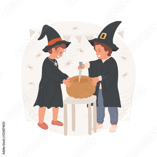Pumpkin carving isolated cartoon vector illustration. Smiling kids making pumpkin carving, public holiday celebration, traditional Halloween activity, spooky spirit vector cartoon.