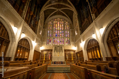 Obraz na płótnie West Point, NY - USA - Aug 26, 2022 An interior view of the historic Cadet Chapel at the United States Military Academy. The chapel is a late example of Gothic Revival architecture. w salonie