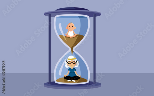 Little Baby Growing Old Vector Cartoon Concept Illustration. Lifestyle metaphor of growing old in a sandglass conceptual design
