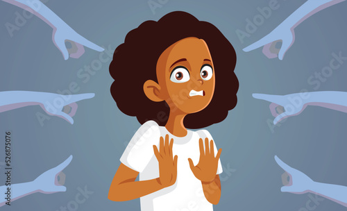 Hands Pointing to an Innocent Girl Vector Cartoon Illustration. People blaming the wrong person who is trying to exculpate herself
