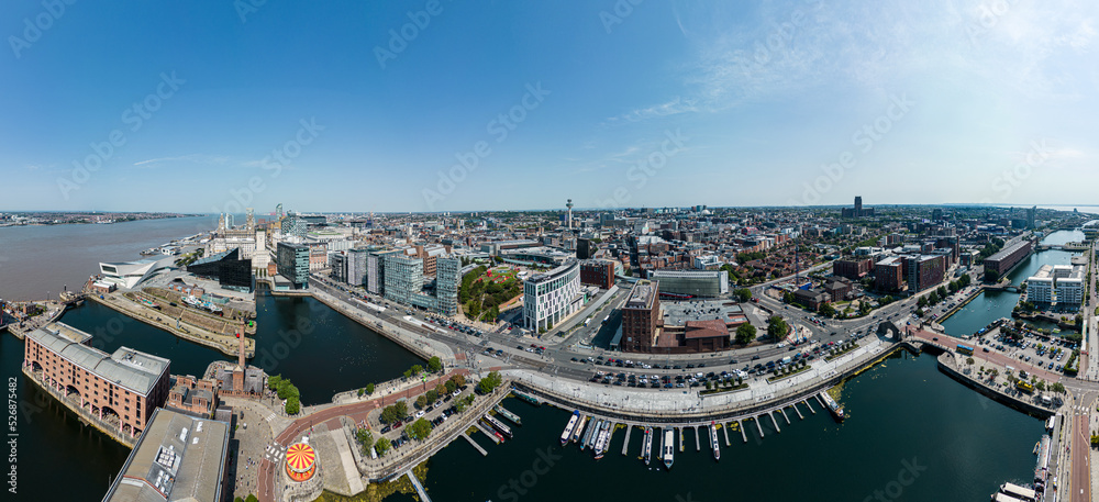 Fototapeta premium Panoramic aerial view over Liverpool and the piers - travel photography