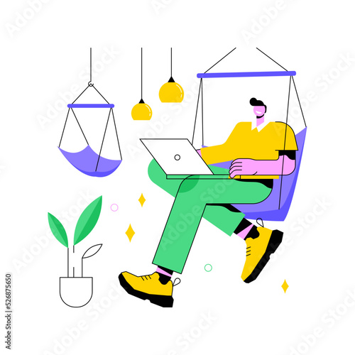 Chill zone isolated cartoon vector illustrations. Man with laptop sitting on a hammock in respite room, chill zone in smart office, recreation area, modern workplace vector cartoon.