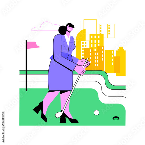 Outdoor recreation area isolated cartoon vector illustrations. Smiling woman plays mini golf outdoors in special recreational zone, smart office lifestyle, modern workplace vector cartoon.