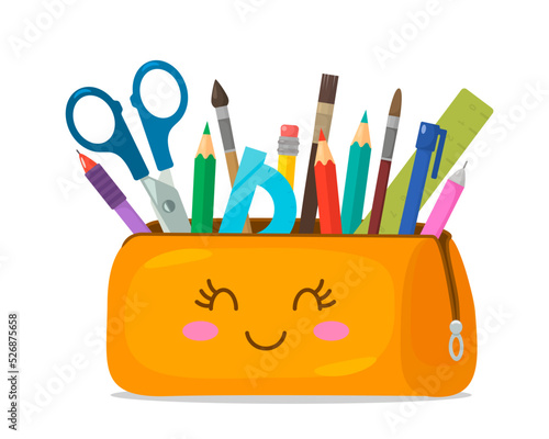 Bright school pencil case filled with school stationery such as pens, pencils, scissors, ruler, brushes. September 1 concept, go to school. flat vector