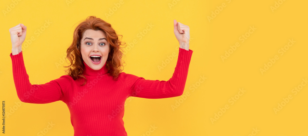 Woman isolated face portrait, banner with copy space. redhead lady celebrating success. finally. happy woman express positivity. Woman isolated face portrait, banner with copy space. redhead lady celebrating success. finally. happy woman express positivity.
