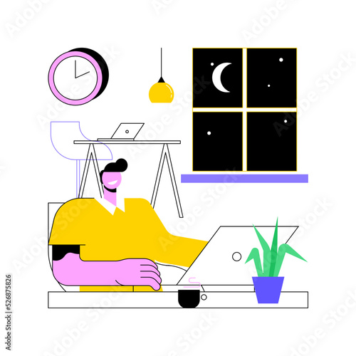 24 hour office access isolated cartoon vector illustrations. Concentrated man with laptop working in 24 hour smart office, business activity at late evening, modern workplace vector cartoon.