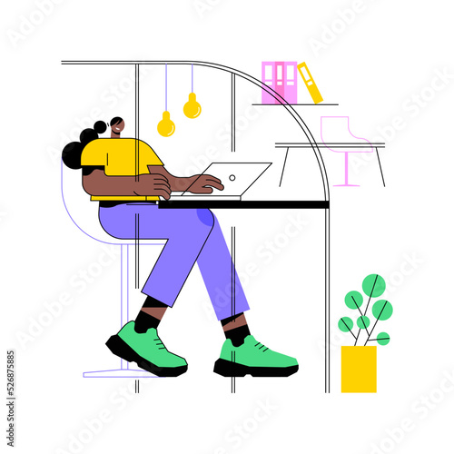 Work-station isolated cartoon vector illustrations. Young girl with laptop at her work station, business activity, smart office, modern and flexible workplace, conference booth vector cartoon. photo
