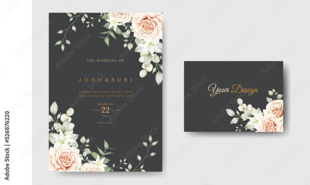 Wedding Invitation Card With Floral Leaves Watercolor 