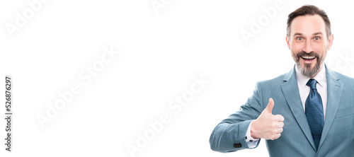 Man face portrait, banner with copy space. happy businessman presenting smartphone isolated on white show thumb up copy space, presentation.