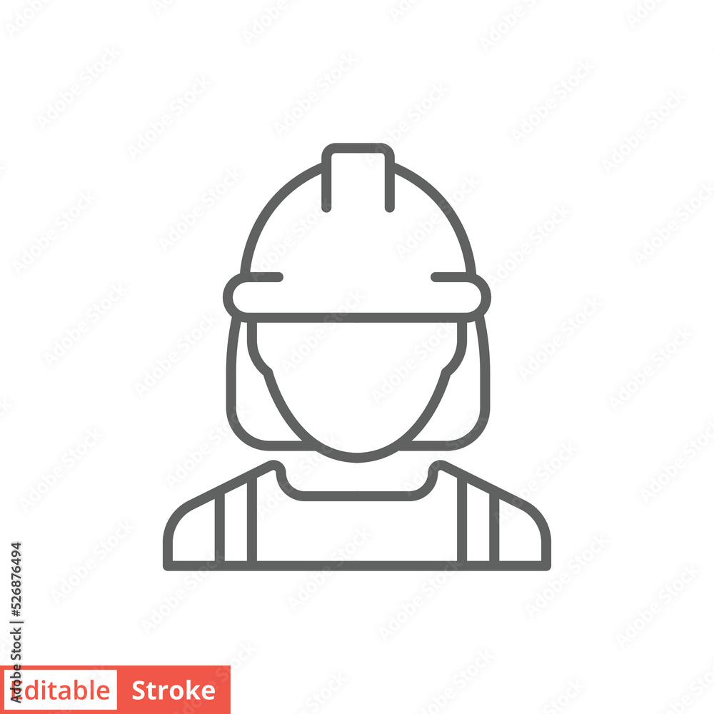 Female construction worker icon. Labor, builder, employee, hardhat concept. Simple outline style. Thin line vector design illustration isolated on white background. Editable stroke EPS 10. Female construction worker icon. Labor, builder, employee, hardhat concept. Simple outline style. Thin line vector design illustration isolated on white background. Editable stroke EPS 10.