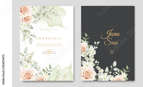 Wedding Invitation Card With Floral Leaves Watercolor 