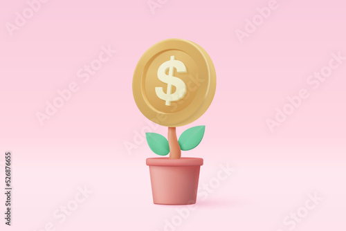 3d money tree plant with coin dollar. Business profit investment, finance education, earning income, business development concept. 3d money saving vector icon for banking render illustration