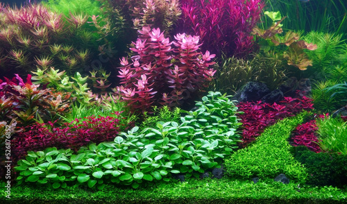 Colorful aquatic plants in aquarium tank with Modern Dutch style aquascaping layout