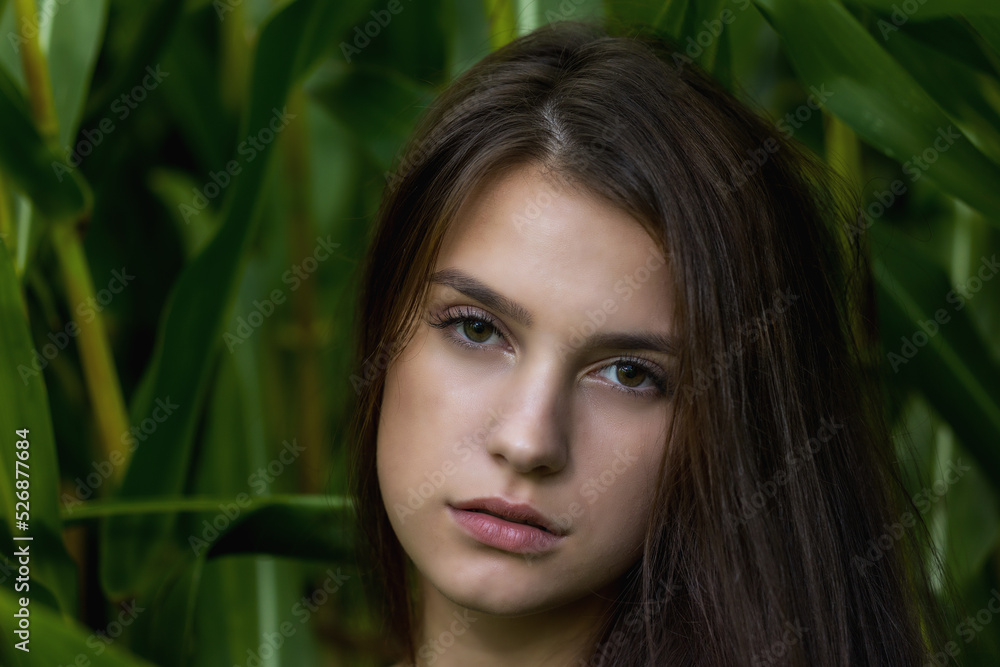 Attractive tanned young woman poses among the green plants closeup. Attractive tanned young woman poses among the green plants closeup.