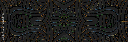 Banner, cover design. Embossed ethnic fantasy 3d pattern on a black background, dudling style, paper press. Tribal geometric ideas for websites, presentations.