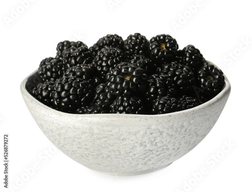 Bowl with fresh ripe blackberries isolated on white