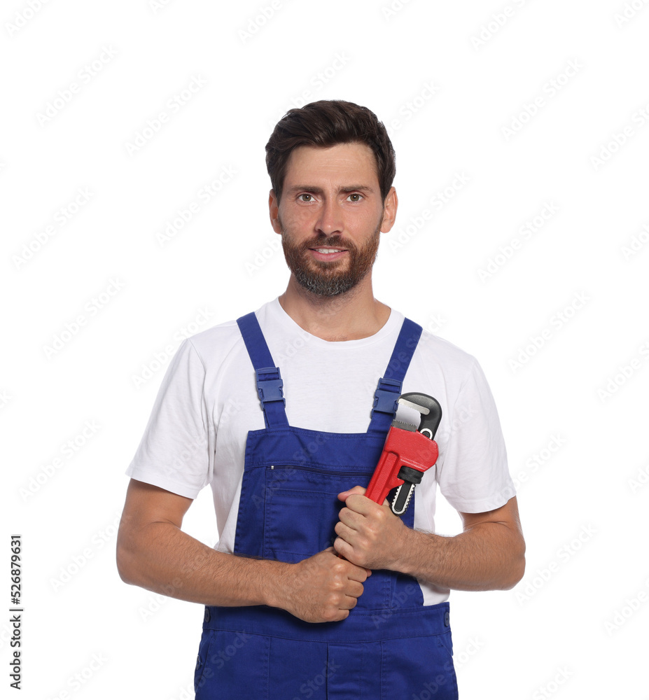 Professional plumber with pipe wrench on white background Professional plumber with pipe wrench on white background
