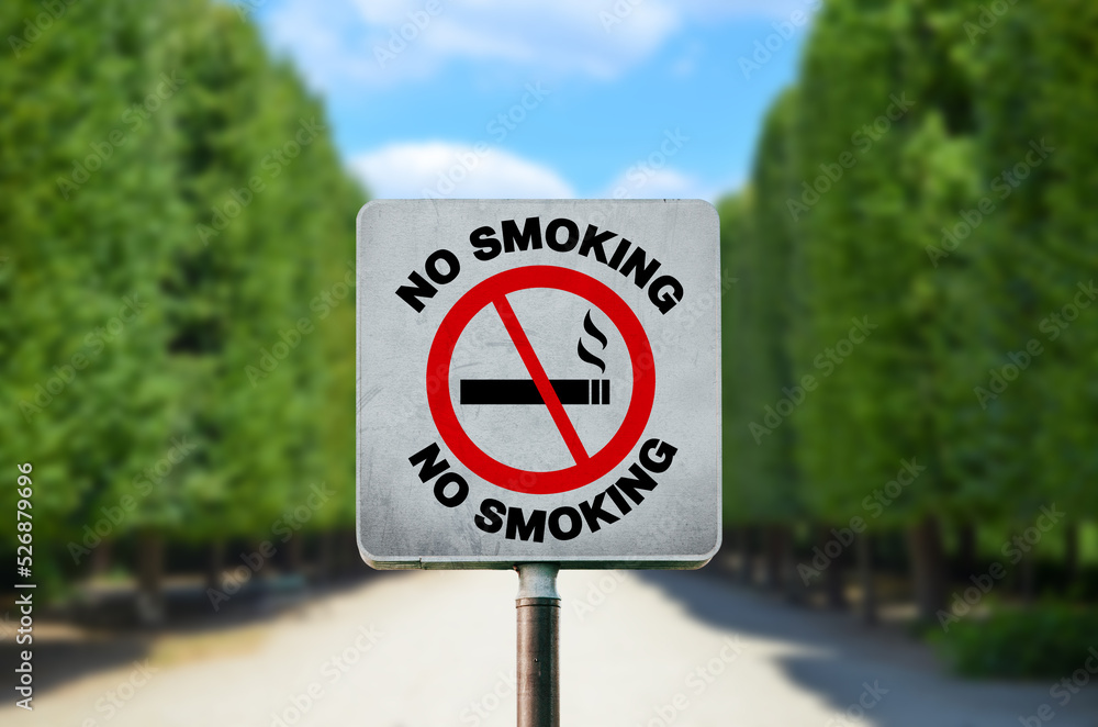 Sign No Smoking in park on sunny day Sign No Smoking in park on sunny day