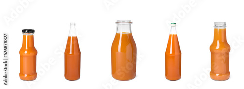 Set with freshly made carrot juice on white background. Banner design