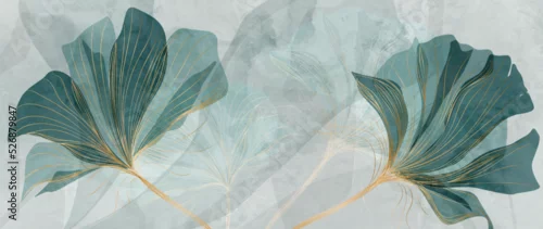 Fototapeta Abstract art background with blue flowers in gold line. Botanical floral banner in a watercolor style for the design of invitations, wallpapers, packaging, decor, print, textile.