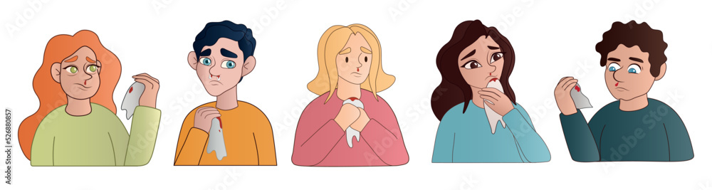 Set of people with nosebleed on white background Set of people with nosebleed on white background