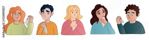 Set of people with nosebleed on white background