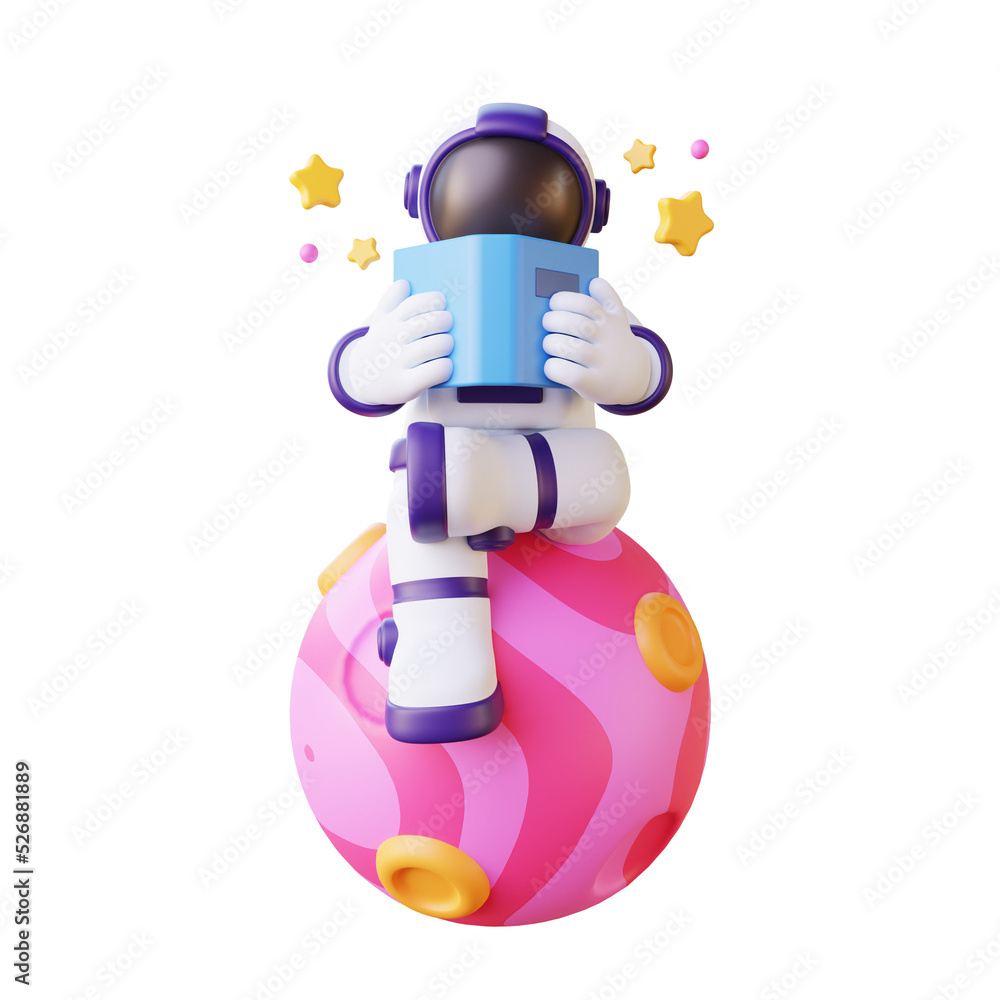 Naklejka premium 3d illustration of astronaut reading a book on the planet