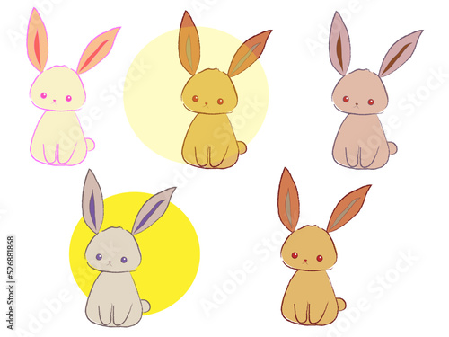満月と、手書き風ウサギを秋色に展開した、お月見ベクターイラスト