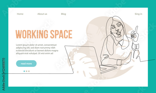 Coworking Space Landing Page Flat Cartoon Template. Freelancers Team Working Online on Laptop. Business People Sharing Open Workspace. Outline Vector Illustration