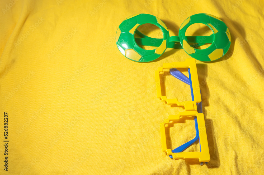 custom made wallpaper toronto digitalGlasses with Brazil colors, yellow and blue green, world cup concept with yellow background