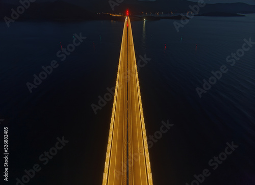 Aerial detail of the Peljesac bridge by night