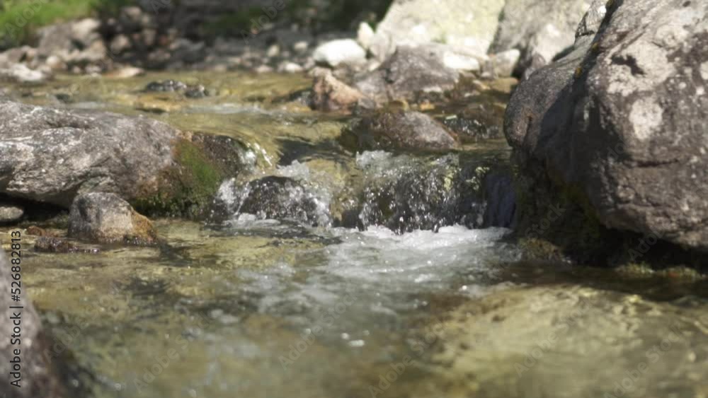 Fast Flowing Stream Of Mountain Hot Spring In Summer Daytime. Slow Motion Fast Flowing Stream Of Mountain Hot Spring In Summer Daytime. Slow Motion