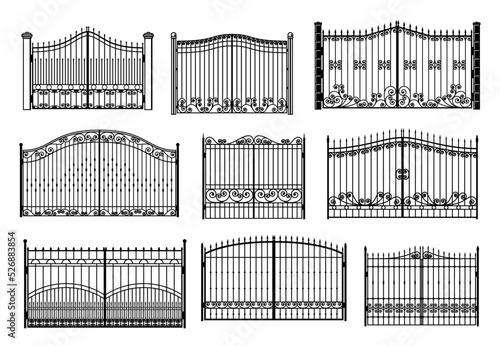 Iron gate and entrance metal fence with steel barriers, vector fencing wall. Metal fence gates or security wall with railing mesh and security spikes of garden park or private territory forged fence