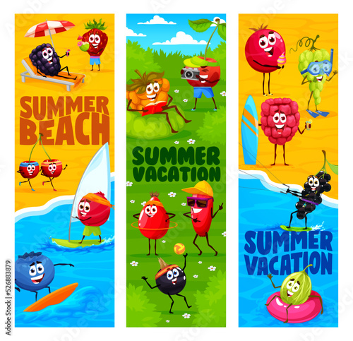 Cartoon berry characters on beach and meadow vacation. Blackberry, strawberry and cherry, cowberry, blueberry and raspberry, rosehip, grape and currant, cloudberry personages on summer vacation