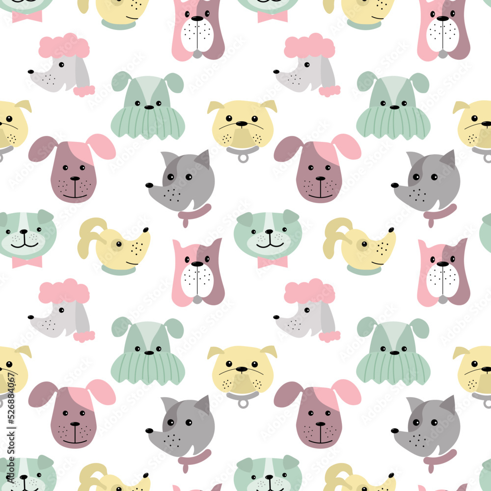 Pattern with cartoon heads of dogs. Vector illustration isolated on white background. For kids, prints, posters, apparel, packaging, brochures and covers.