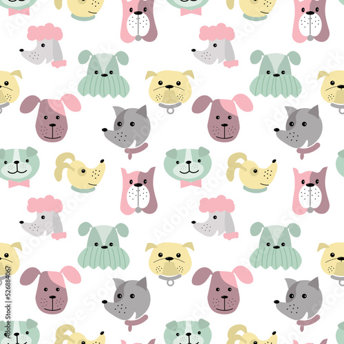 Pattern with cartoon heads of dogs. Vector illustration isolated on white background. For kids, prints, posters, apparel, packaging, brochures and covers.