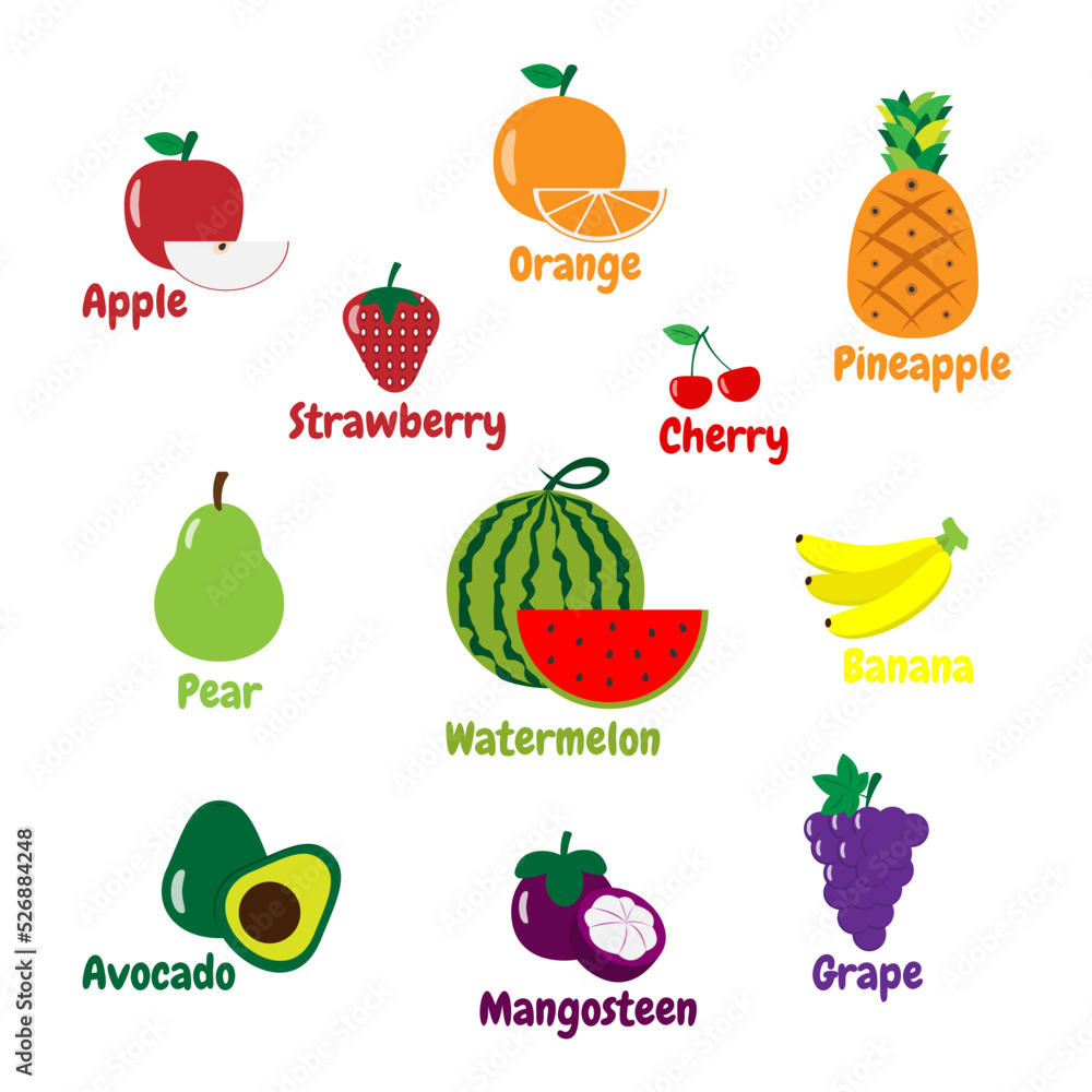 Various kinds of fruit on a white background. Suitable for children's products