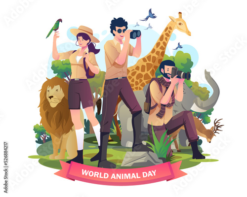 Animals Zoo keepers with the wild animals in the jungle zoo. World Animal Day, Wildlife Day concept design. Vector illustration in flat style