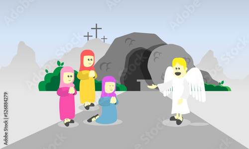 The angel told the three women who came to the tomb of Jesus that Jesus had risen. Suitable for storytelling, children's Christian books, etc.