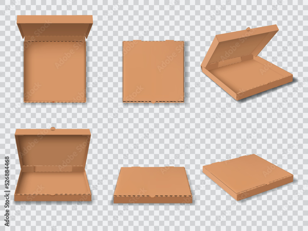 Realistic pizza box package mockup, isolated open cardboard pizza boxes.  Vector 3d blank closed and opened empty cardboard top, front and angle  view. Disposable food container, delivery fast food Stock Vector