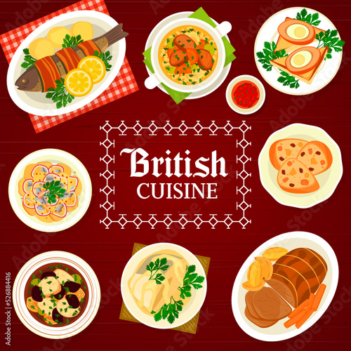 British cuisine menu cover template. Lamb soup, chicken soup with prunes and potato anchovy salad, cod with mustard sauce, Scotch eggs and roast beef, fruit cake baked trout wrapped in bacon