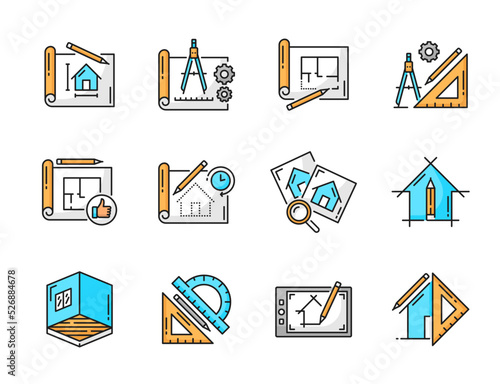 Architect development and interior design icons. House plan, building engineering thin line icons. Room scheme and architecture development outline vector symbols with blueprint, pencil and ruler