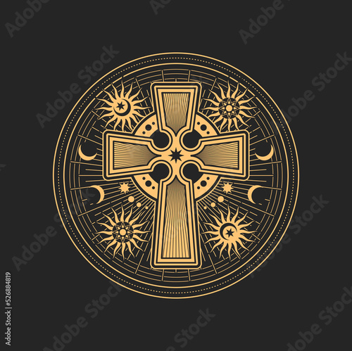 Egypt cross on esoteric occult talisman, satanic talisman with pentagram, sun and moon, mason sign. Vector mystic star symbol of witchcraft, alchemy amulet