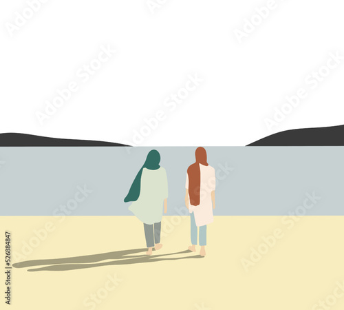 Two Islamic woman on holiday travel vacation beach. Blue sunny ocean sky background. Friendship and relationship concept.